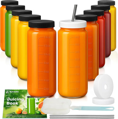 10pack 16oz Glass Juice Bottles with Lids & Straws & Juicing Recipe