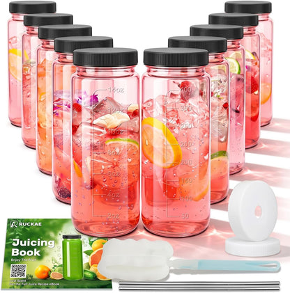 10pack 16oz Glass Juice Bottles with Lids & Straws & Juicing Recipe