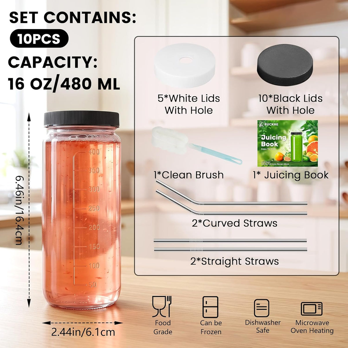 10pack 16oz Glass Juice Bottles with Lids & Straws & Juicing Recipe