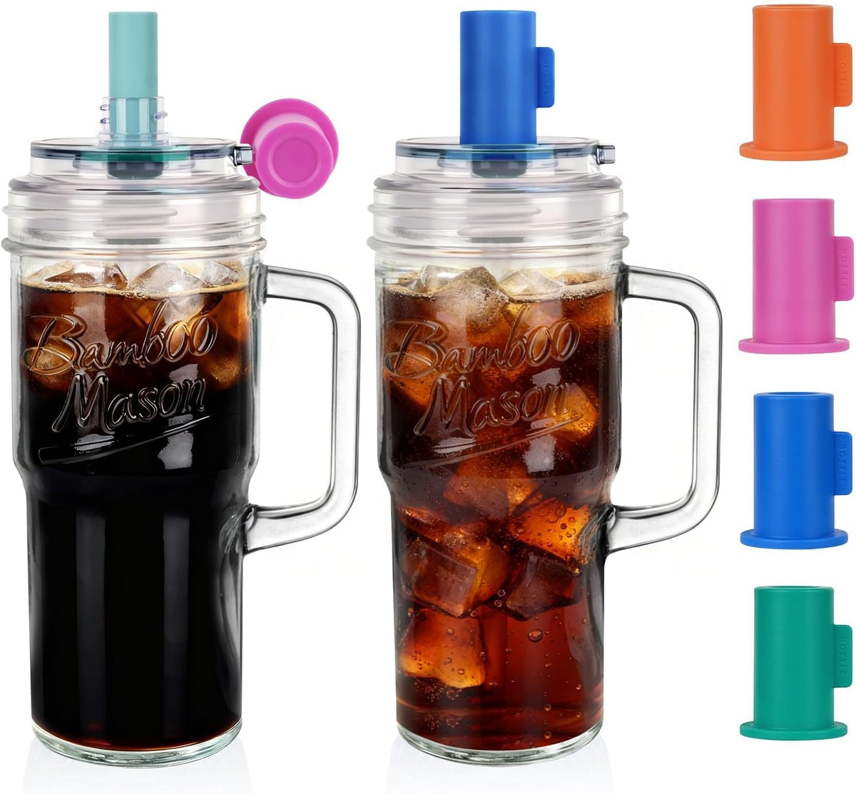 Mason Jar Cups with Lids and Straw, Leakproof 24oz Glass Tumbler with Handle, Leak-Proof Dustproof Cap, Self-Assembly Silicone Straw, Iced Coffee Matcha Cup Coffee Gifts for Women 4pc