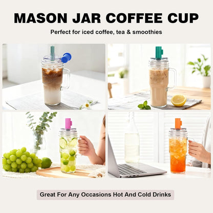 Mason Jar Cups with Lids and Straw, Leakproof 24oz Glass Tumbler with Handle, Leak-Proof Dustproof Cap, Self-Assembly Silicone Straw, Iced Coffee Matcha Cup Coffee Gifts for Women 4pc