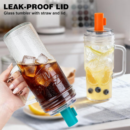 Mason Jar Cups with Lids and Straw, Leakproof 24oz Glass Tumbler with Handle, Leak-Proof Dustproof Cap, Self-Assembly Silicone Straw, Iced Coffee Matcha Cup Coffee Gifts for Women 4pc