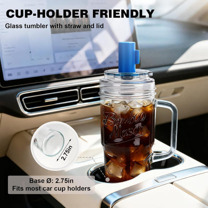 Mason Jar Cups with Lids and Straw, Leakproof 24oz Glass Tumbler with Handle, Leak-Proof Dustproof Cap, Self-Assembly Silicone Straw, Iced Coffee Matcha Cup Coffee Gifts for Women 4pc
