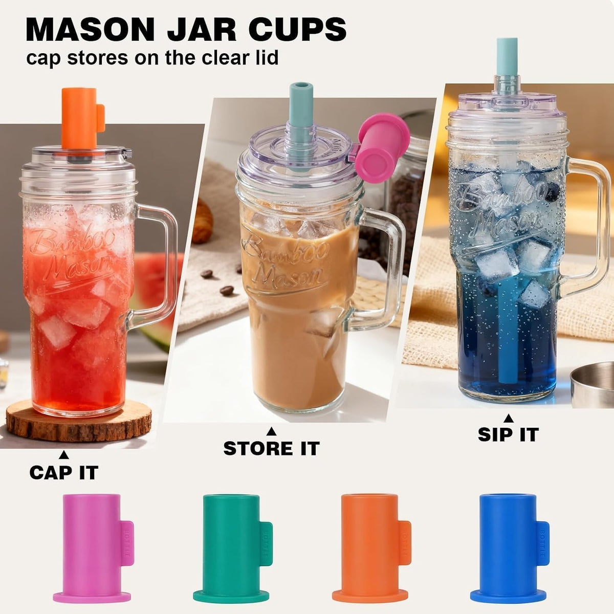 Mason Jar Cups with Lids and Straw, Leakproof 24oz Glass Tumbler with Handle, Leak-Proof Dustproof Cap, Self-Assembly Silicone Straw, Iced Coffee Matcha Cup Coffee Gifts for Women 4pc