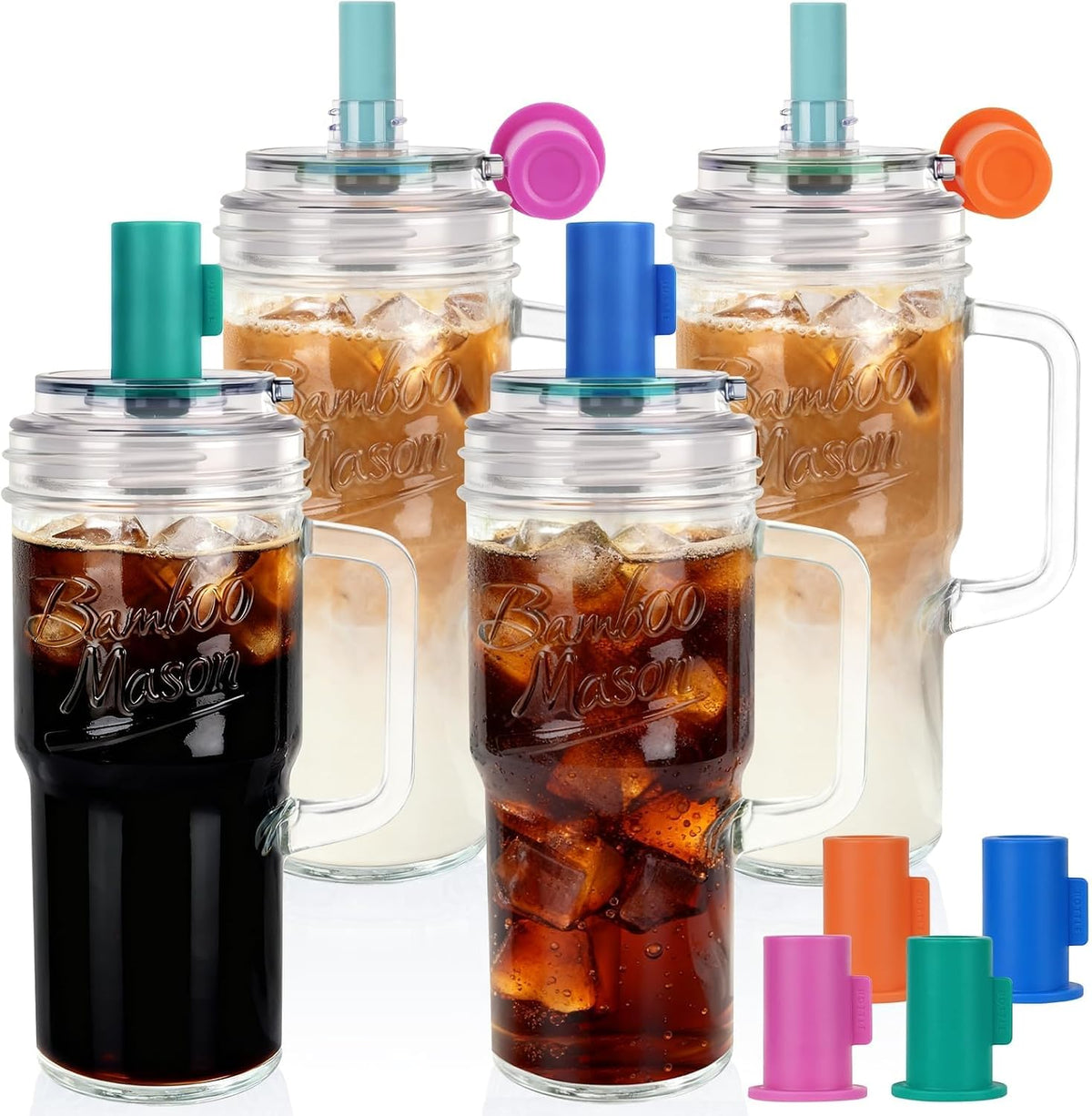 Mason Jar Cups with Lids and Straw, Leakproof 24oz Glass Tumbler with Handle, Leak-Proof Dustproof Cap, Self-Assembly Silicone Straw, Iced Coffee Matcha Cup Coffee Gifts for Women 4pc