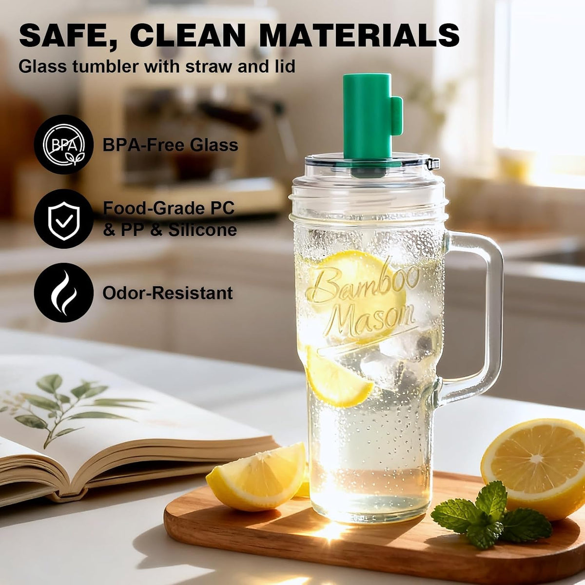 Mason Jar Cups with Lids and Straw, Leakproof 24oz Glass Tumbler with Handle, Leak-Proof Dustproof Cap, Self-Assembly Silicone Straw, Iced Coffee Matcha Cup Coffee Gifts for Women 4pc