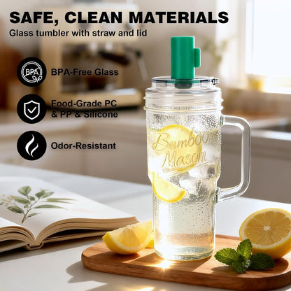 Mason Jar Cups with Lids and Straw, Leakproof 24oz Glass Tumbler with Handle, Leak-Proof Dustproof Cap, Self-Assembly Silicone Straw, Iced Coffee Matcha Cup Coffee Gifts for Women 4pc