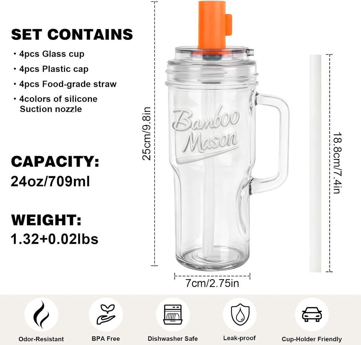 Mason Jar Cups with Lids and Straw, Leakproof 24oz Glass Tumbler with Handle, Leak-Proof Dustproof Cap, Self-Assembly Silicone Straw, Iced Coffee Matcha Cup Coffee Gifts for Women 4pc