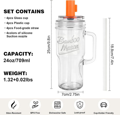Mason Jar Cups with Lids and Straw, Leakproof 24oz Glass Tumbler with Handle, Leak-Proof Dustproof Cap, Self-Assembly Silicone Straw, Iced Coffee Matcha Cup Coffee Gifts for Women 4pc