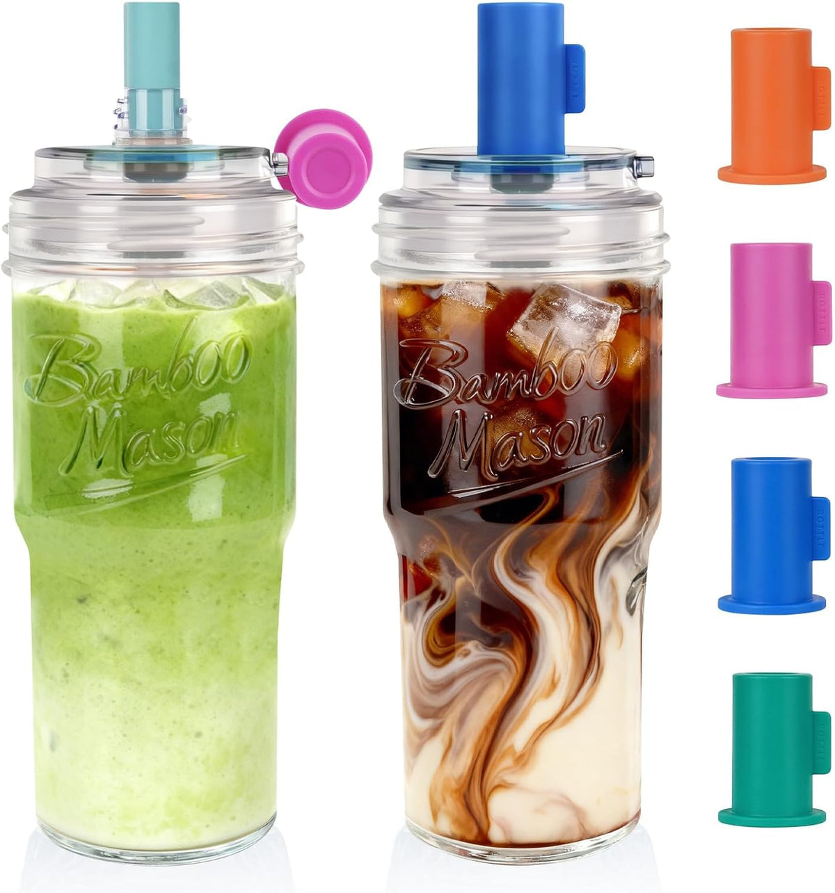 Mason Jar Cups with Lids and Straw, Leakproof 24oz Glass Tumbler with Handle, Leak-Proof Dustproof Cap, Self-Assembly Silicone Straw, Iced Coffee Matcha Cup Coffee Gifts for Women 4pc