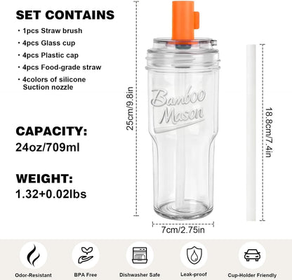 Mason Jar Cups with Lids and Straw, Leakproof 24oz Glass Tumbler with Handle, Leak-Proof Dustproof Cap, Self-Assembly Silicone Straw, Iced Coffee Matcha Cup Coffee Gifts for Women 4pc