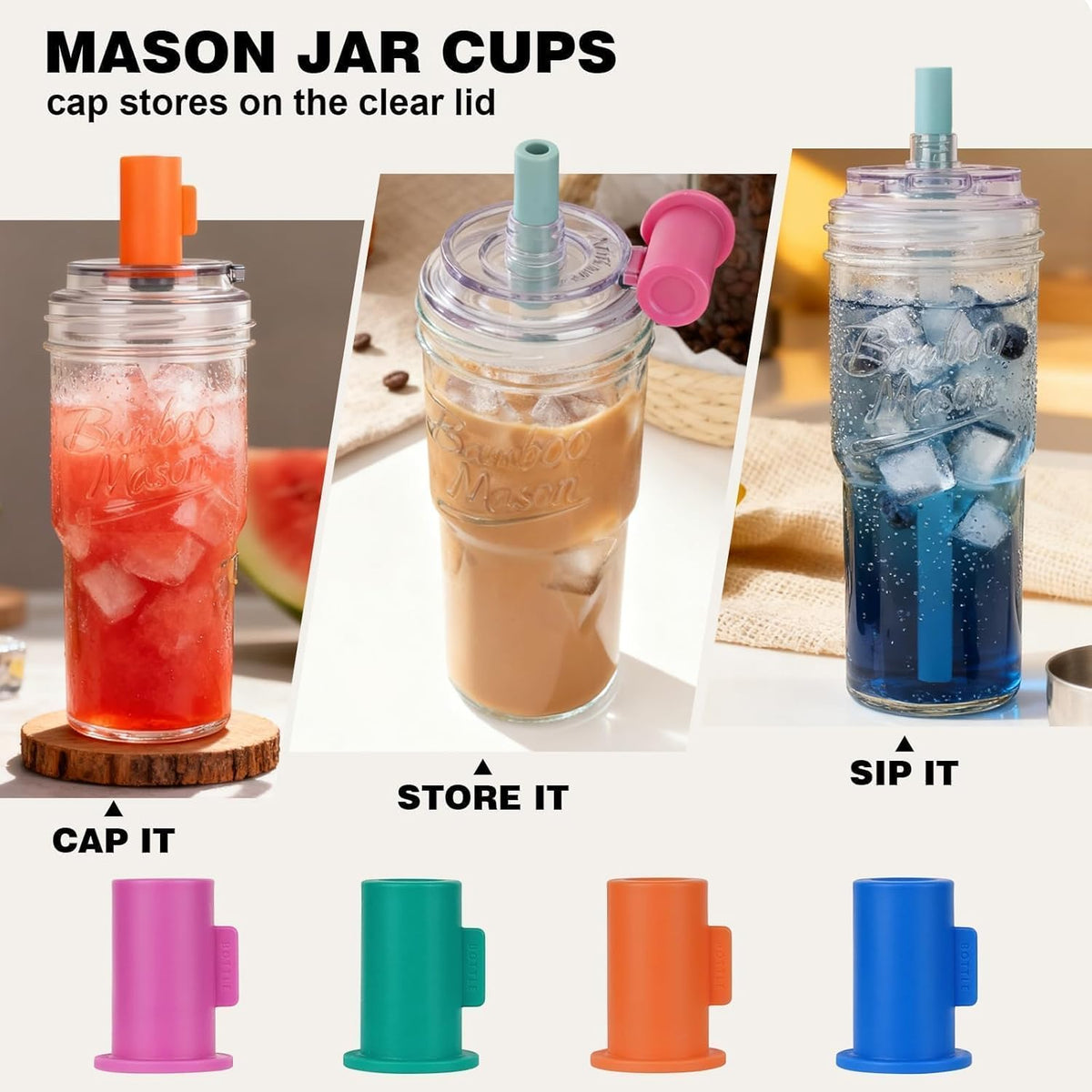 Mason Jar Cups with Lids and Straw, Leakproof 24oz Glass Tumbler with Handle, Leak-Proof Dustproof Cap, Self-Assembly Silicone Straw, Iced Coffee Matcha Cup Coffee Gifts for Women 4pc