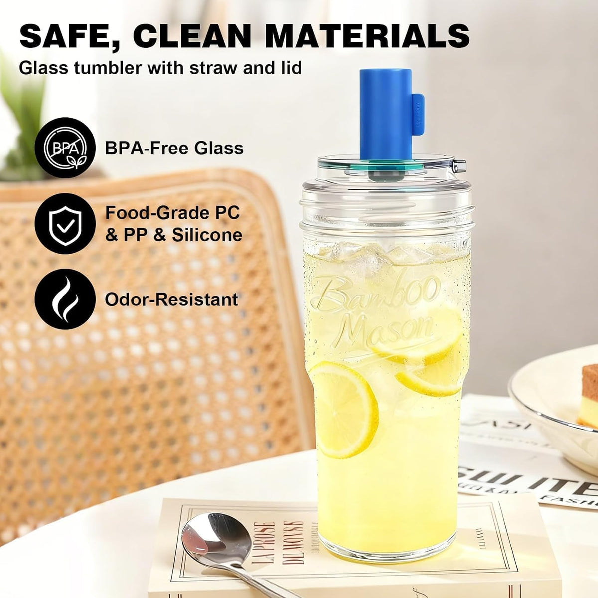 Mason Jar Cups with Lids and Straw, Leakproof 24oz Glass Tumbler with Handle, Leak-Proof Dustproof Cap, Self-Assembly Silicone Straw, Iced Coffee Matcha Cup Coffee Gifts for Women 4pc