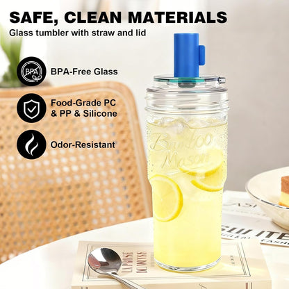 Mason Jar Cups with Lids and Straw, Leakproof 24oz Glass Tumbler with Handle, Leak-Proof Dustproof Cap, Self-Assembly Silicone Straw, Iced Coffee Matcha Cup Coffee Gifts for Women 4pc