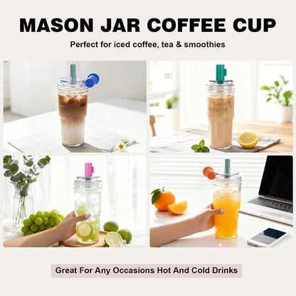 Mason Jar Cups with Lids and Straw, Leakproof 24oz Glass Tumbler with Handle, Leak-Proof Dustproof Cap, Self-Assembly Silicone Straw, Iced Coffee Matcha Cup Coffee Gifts for Women 4pc