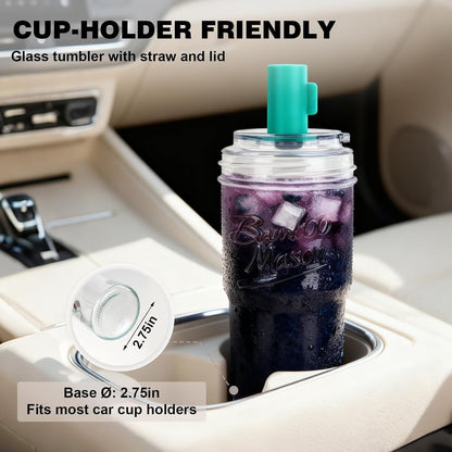 Mason Jar Cups with Lids and Straw, Leakproof 24oz Glass Tumbler with Handle, Leak-Proof Dustproof Cap, Self-Assembly Silicone Straw, Iced Coffee Matcha Cup Coffee Gifts for Women 4pc