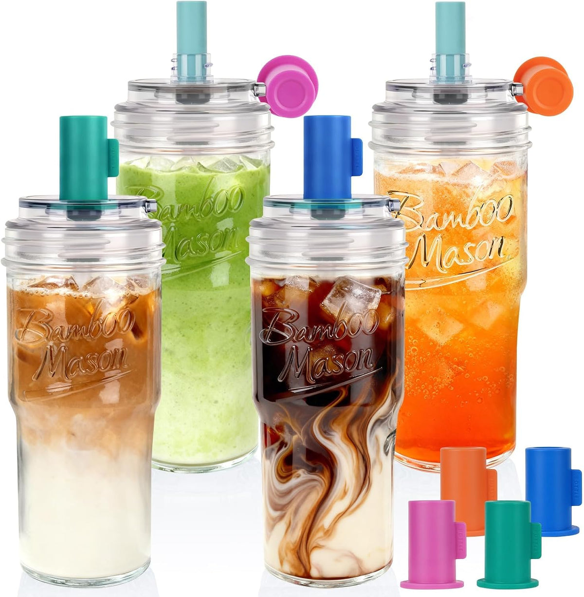 Mason Jar Cups with Lids and Straw, Leakproof 24oz Glass Tumbler with Handle, Leak-Proof Dustproof Cap, Self-Assembly Silicone Straw, Iced Coffee Matcha Cup Coffee Gifts for Women 4pc