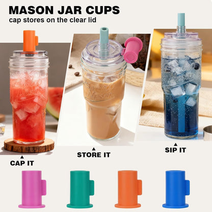 Mason Jar Cups with Lids and Straw, Leakproof 24oz Glass Tumbler with Handle, Leak-Proof Dustproof Cap, Self-Assembly Silicone Straw, Iced Coffee Matcha Cup Coffee Gifts for Women 4pc