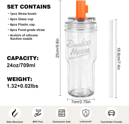 Mason Jar Cups with Lids and Straw, Leakproof 24oz Glass Tumbler with Handle, Leak-Proof Dustproof Cap, Self-Assembly Silicone Straw, Iced Coffee Matcha Cup Coffee Gifts for Women 4pc