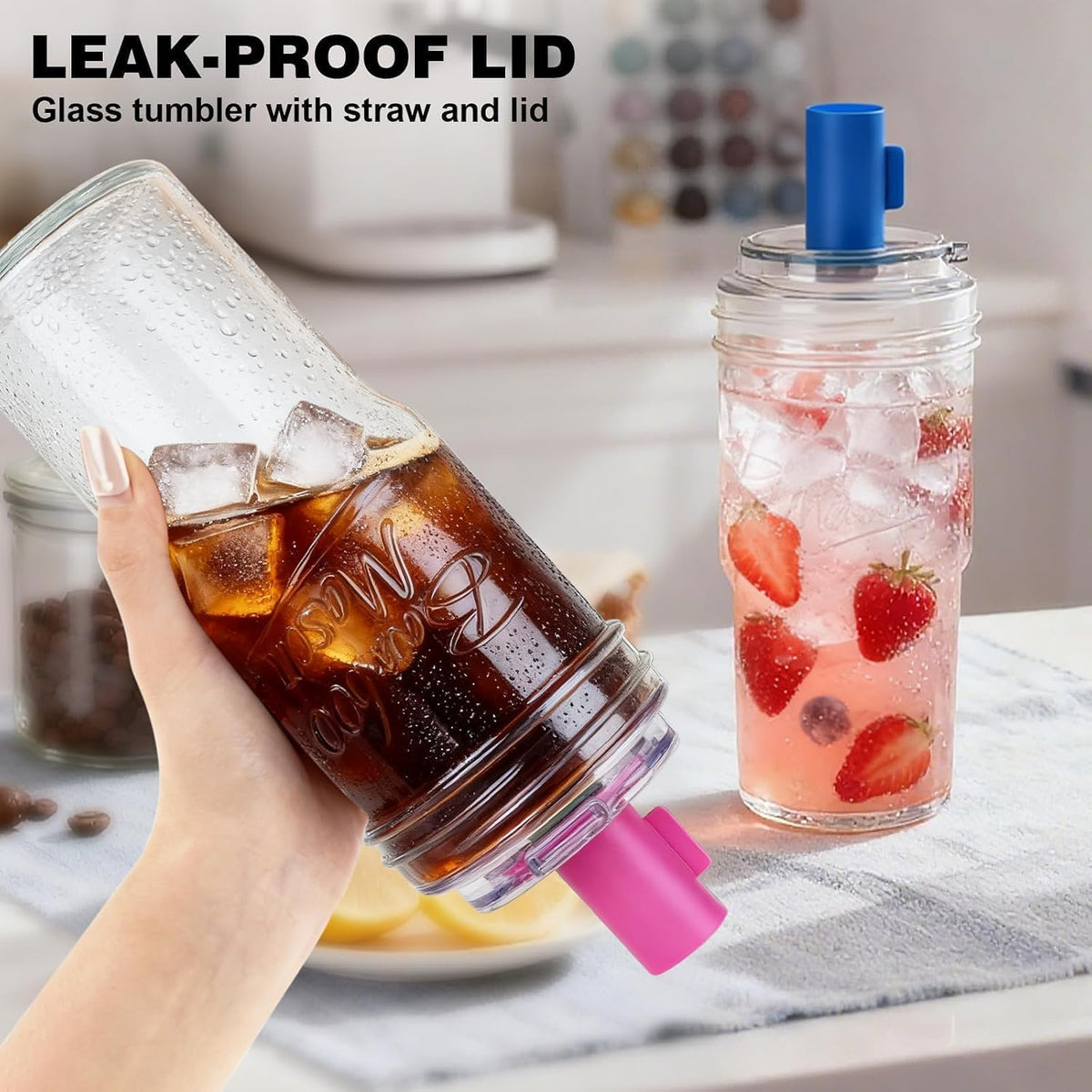 Mason Jar Cups with Lids and Straw, Leakproof 24oz Glass Tumbler with Handle, Leak-Proof Dustproof Cap, Self-Assembly Silicone Straw, Iced Coffee Matcha Cup Coffee Gifts for Women 4pc