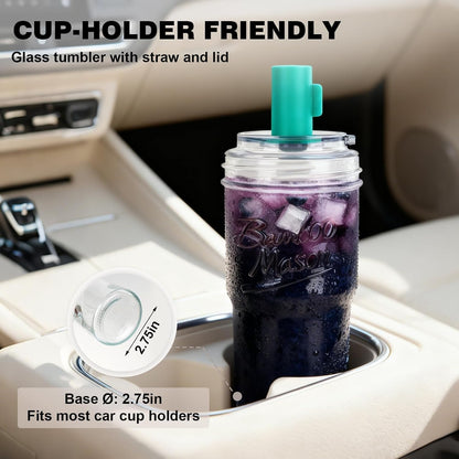 Mason Jar Cups with Lids and Straw, Leakproof 24oz Glass Tumbler with Handle, Leak-Proof Dustproof Cap, Self-Assembly Silicone Straw, Iced Coffee Matcha Cup Coffee Gifts for Women 4pc
