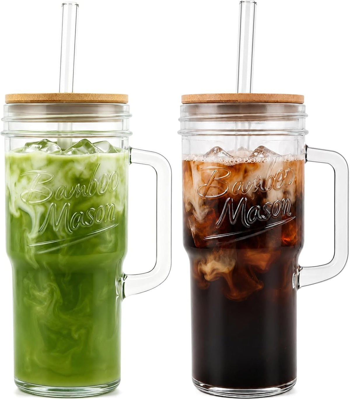Mason Jar Cups with Lids and Straw, Leakproof 24oz Glass Tumbler with Handle, Leak-Proof Dustproof Cap, Self-Assembly Silicone Straw, Iced Coffee Matcha Cup Coffee Gifts for Women 4pc