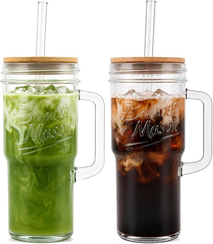Mason Jar Cups with Lids and Straw, Leakproof 24oz Glass Tumbler with Handle, Leak-Proof Dustproof Cap, Self-Assembly Silicone Straw, Iced Coffee Matcha Cup Coffee Gifts for Women 4pc