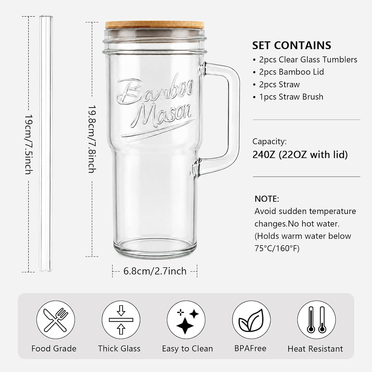 Mason Jar Cups with Lids and Straw, Leakproof 24oz Glass Tumbler with Handle, Leak-Proof Dustproof Cap, Self-Assembly Silicone Straw, Iced Coffee Matcha Cup Coffee Gifts for Women 4pc