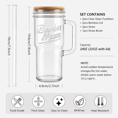 Mason Jar Cups with Lids and Straw, Leakproof 24oz Glass Tumbler with Handle, Leak-Proof Dustproof Cap, Self-Assembly Silicone Straw, Iced Coffee Matcha Cup Coffee Gifts for Women 4pc