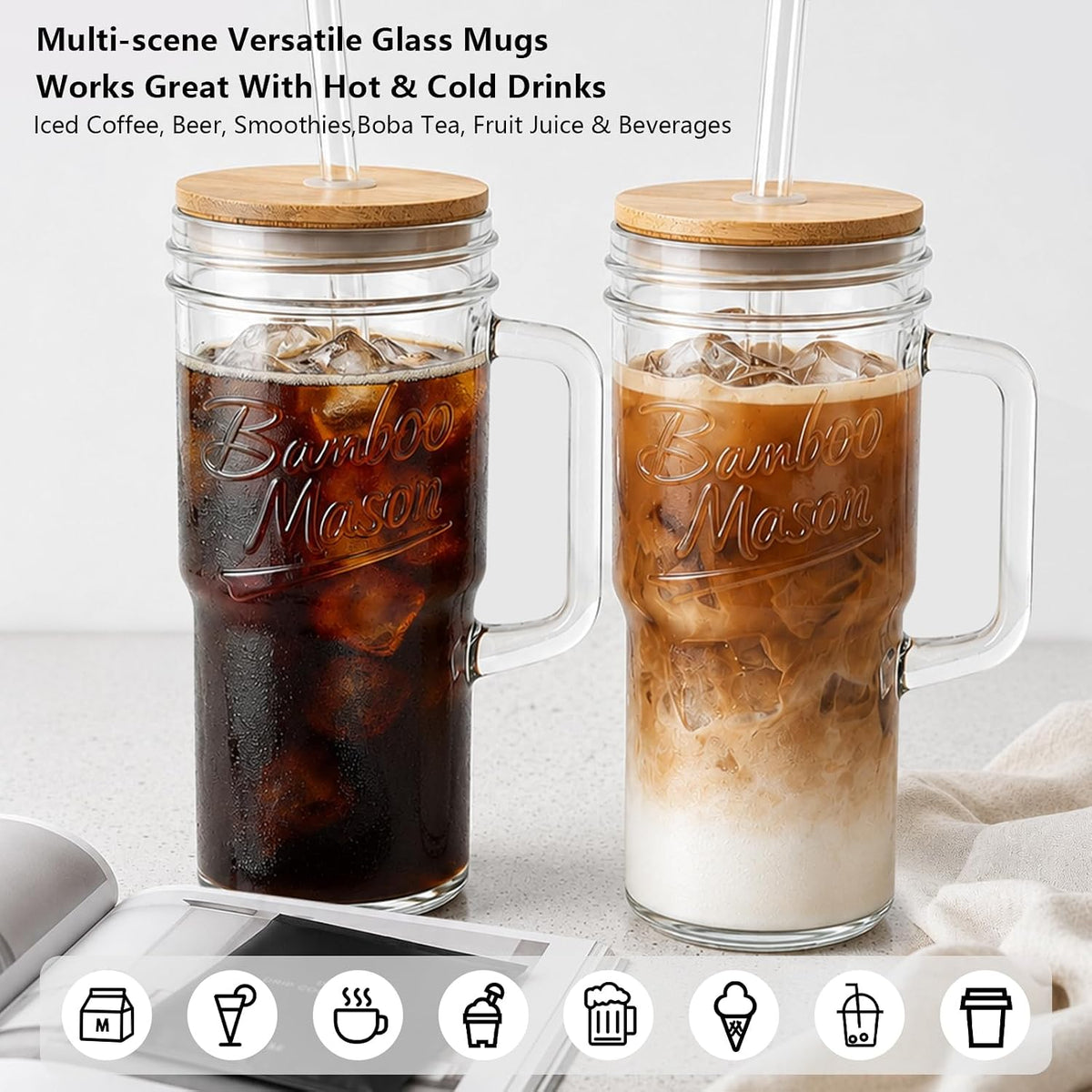 Mason Jar Cups with Lids and Straw, Leakproof 24oz Glass Tumbler with Handle, Leak-Proof Dustproof Cap, Self-Assembly Silicone Straw, Iced Coffee Matcha Cup Coffee Gifts for Women 4pc