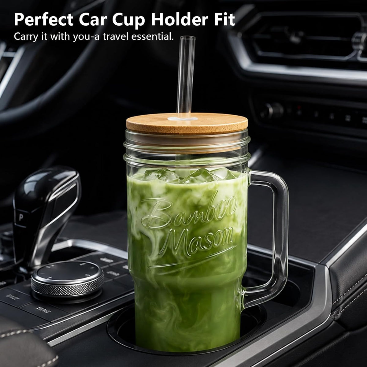 Mason Jar Cups with Lids and Straw, Leakproof 24oz Glass Tumbler with Handle, Leak-Proof Dustproof Cap, Self-Assembly Silicone Straw, Iced Coffee Matcha Cup Coffee Gifts for Women 4pc