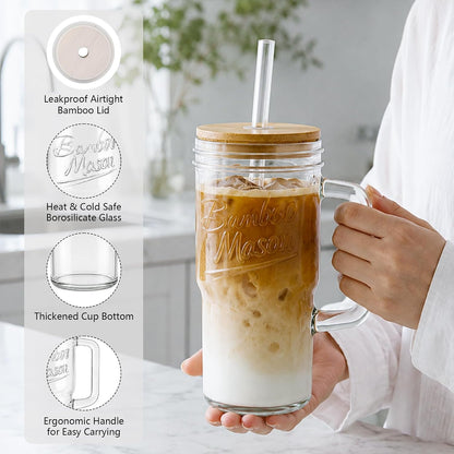 Mason Jar Cups with Lids and Straw, Leakproof 24oz Glass Tumbler with Handle, Leak-Proof Dustproof Cap, Self-Assembly Silicone Straw, Iced Coffee Matcha Cup Coffee Gifts for Women 4pc