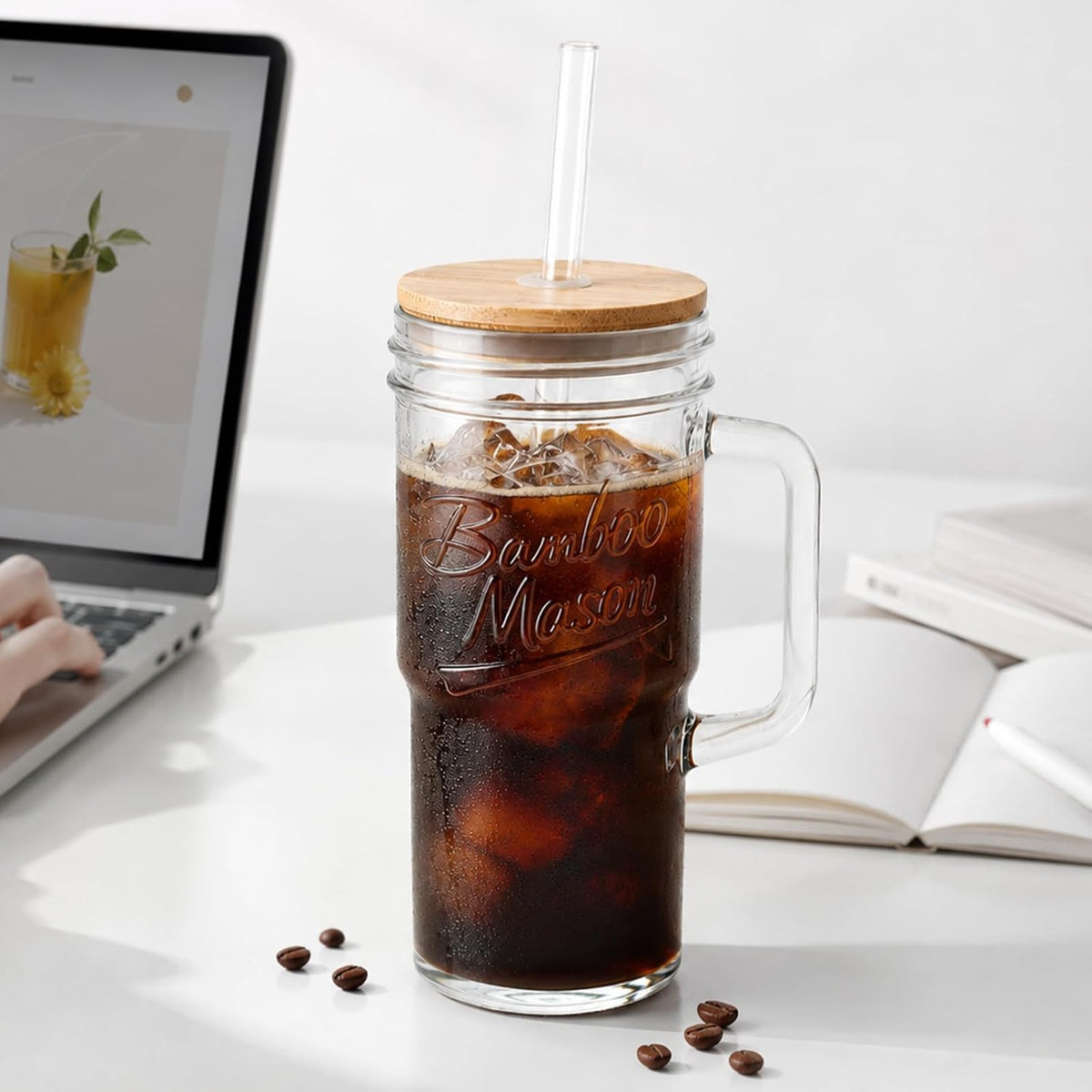 Mason Jar Cups with Lids and Straw, Leakproof 24oz Glass Tumbler with Handle, Leak-Proof Dustproof Cap, Self-Assembly Silicone Straw, Iced Coffee Matcha Cup Coffee Gifts for Women 4pc