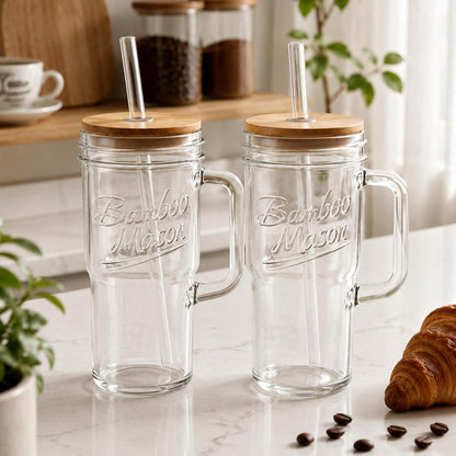 Mason Jar Cups with Lids and Straw, Leakproof 24oz Glass Tumbler with Handle, Leak-Proof Dustproof Cap, Self-Assembly Silicone Straw, Iced Coffee Matcha Cup Coffee Gifts for Women 4pc