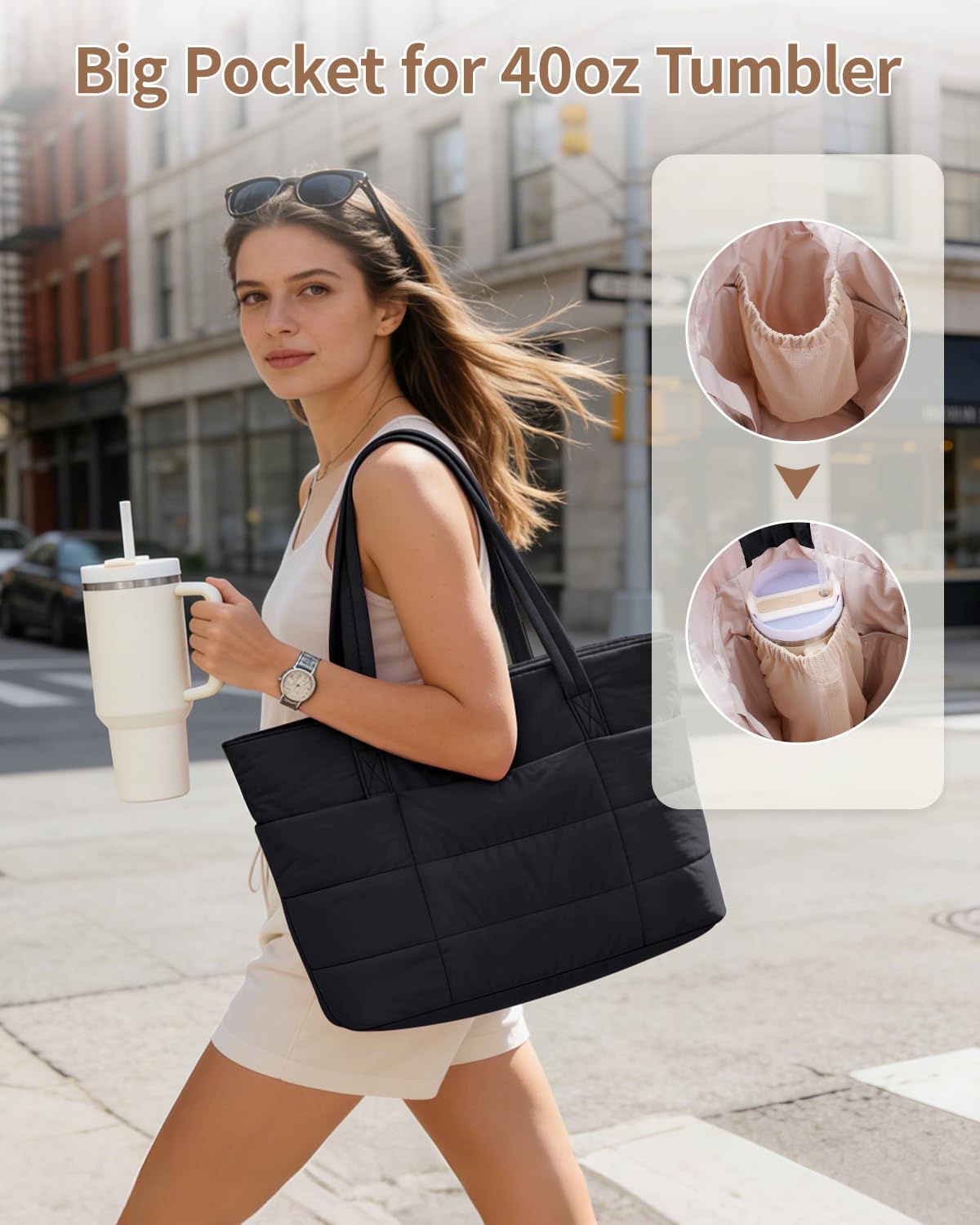 Nylon Puffer Tote Bag for Women, Puffy Work Nurse Teacher Tote Bag, Quilted Shoulder Bag for Travel, Gym, Gifts