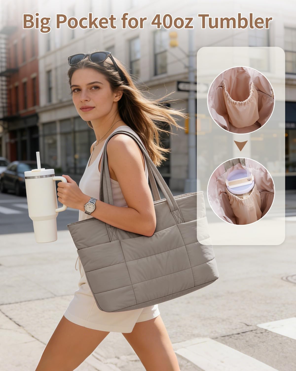 Nylon Puffer Tote Bag for Women, Puffy Work Nurse Teacher Tote Bag, Quilted Shoulder Bag for Travel, Gym, Gifts