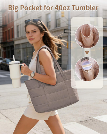 Nylon Puffer Tote Bag for Women, Puffy Work Nurse Teacher Tote Bag, Quilted Shoulder Bag for Travel, Gym, Gifts