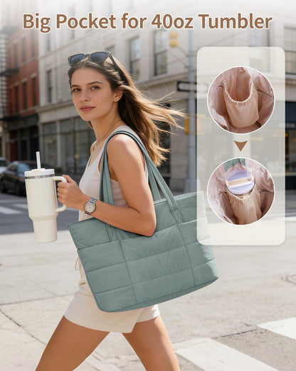 Nylon Puffer Tote Bag for Women, Puffy Work Nurse Teacher Tote Bag, Quilted Shoulder Bag for Travel, Gym, Gifts