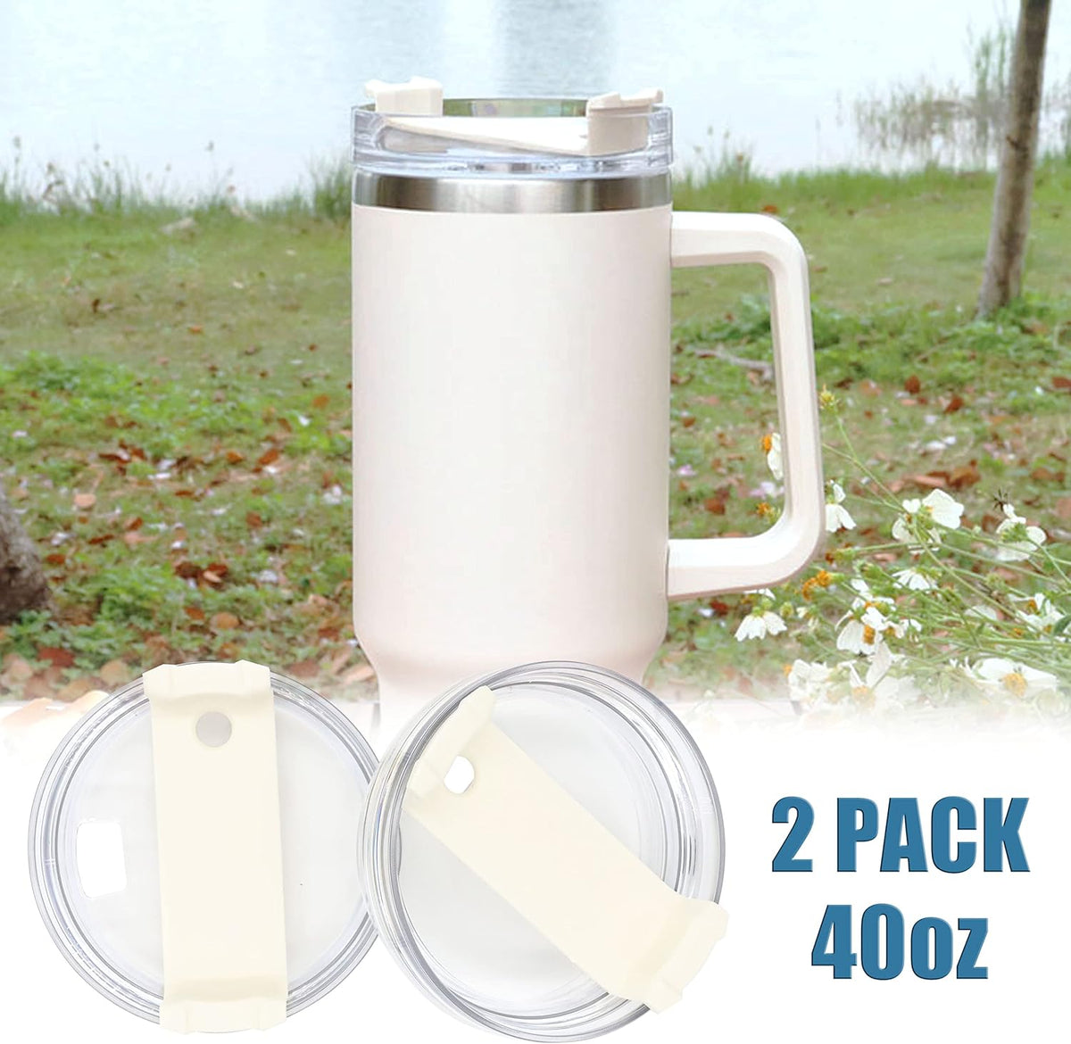 40oz Tumbler Lid Compatible for Stanley, 2 Pack Replacement Tumbler Lids Fit for Stanley Adventure Quencher 40oz Travel Tumbler with Plastic Straws and Cleaning Brush - Cream