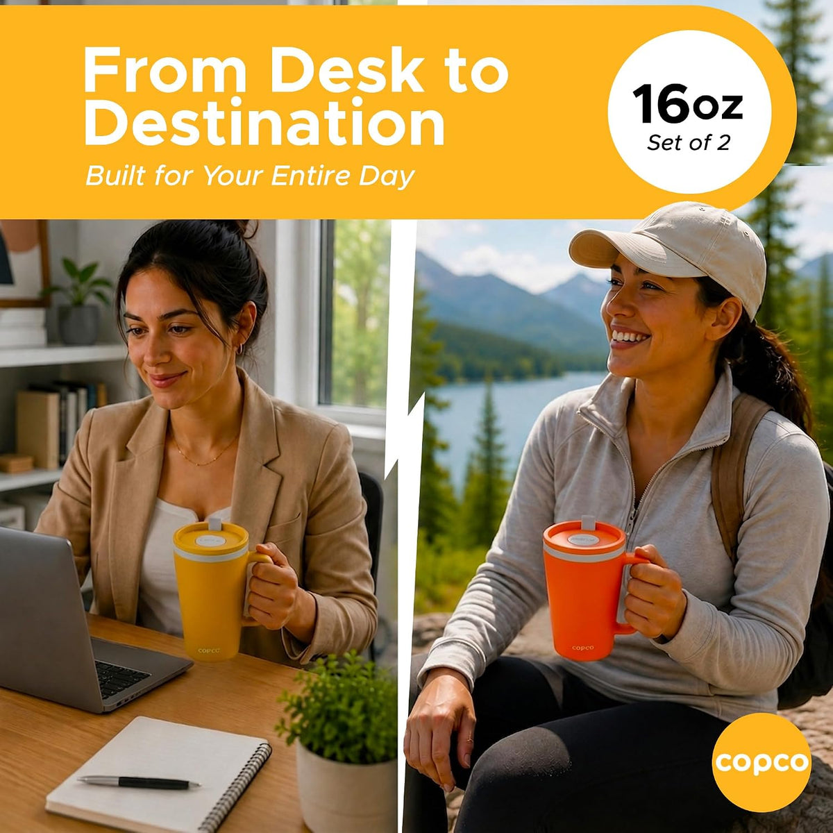 Cone Desk Mugs, 16 Oz - Orange & Mustard, Set of 2