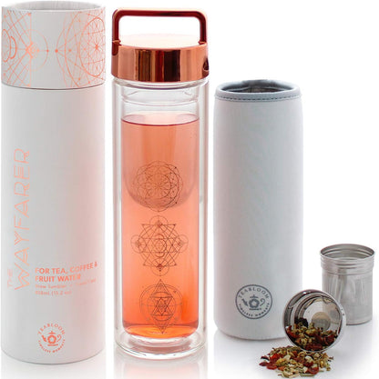 All-Purpose Beverage Tumbler – 15 oz / 450 ml Insulated Glass Bottle – Tea, Coffee, Fruit Infused Water – All-Temperature Travel Mug – Stainless Steel Infuser Basket – The Wayfarer Tumbler