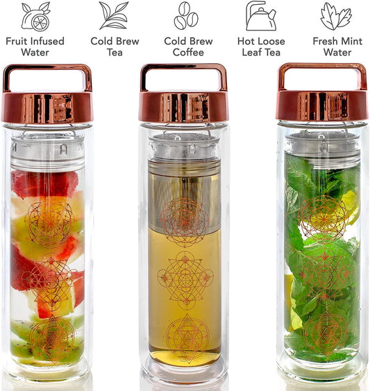 All-Purpose Beverage Tumbler – 15 oz / 450 ml Insulated Glass Bottle – Tea, Coffee, Fruit Infused Water – All-Temperature Travel Mug – Stainless Steel Infuser Basket – The Wayfarer Tumbler