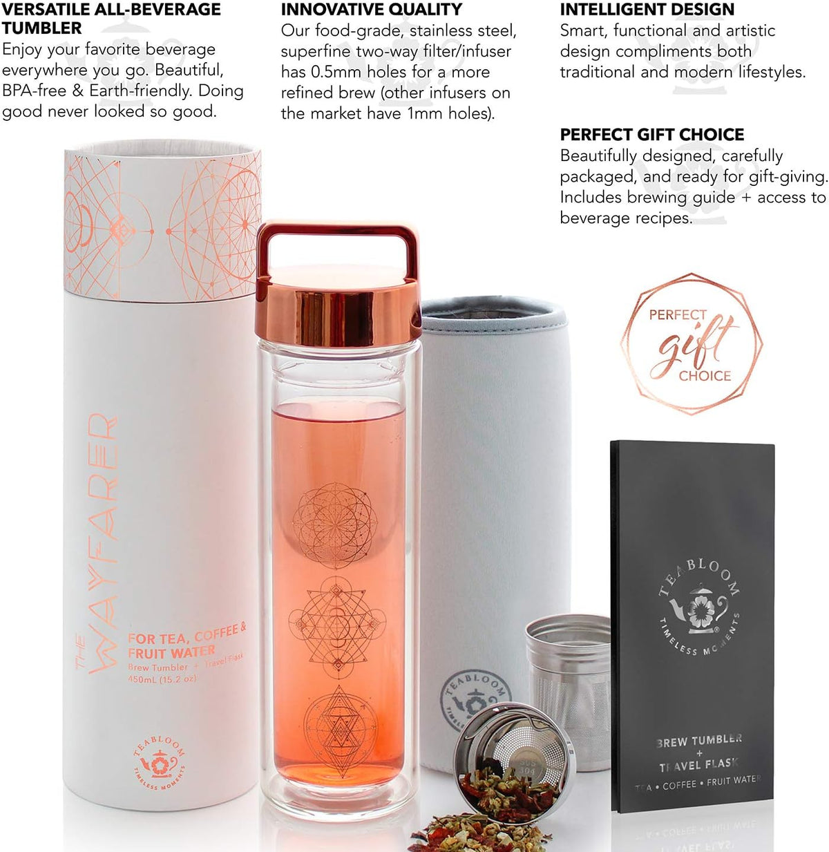 All-Purpose Beverage Tumbler – 15 oz / 450 ml Insulated Glass Bottle – Tea, Coffee, Fruit Infused Water – All-Temperature Travel Mug – Stainless Steel Infuser Basket – The Wayfarer Tumbler