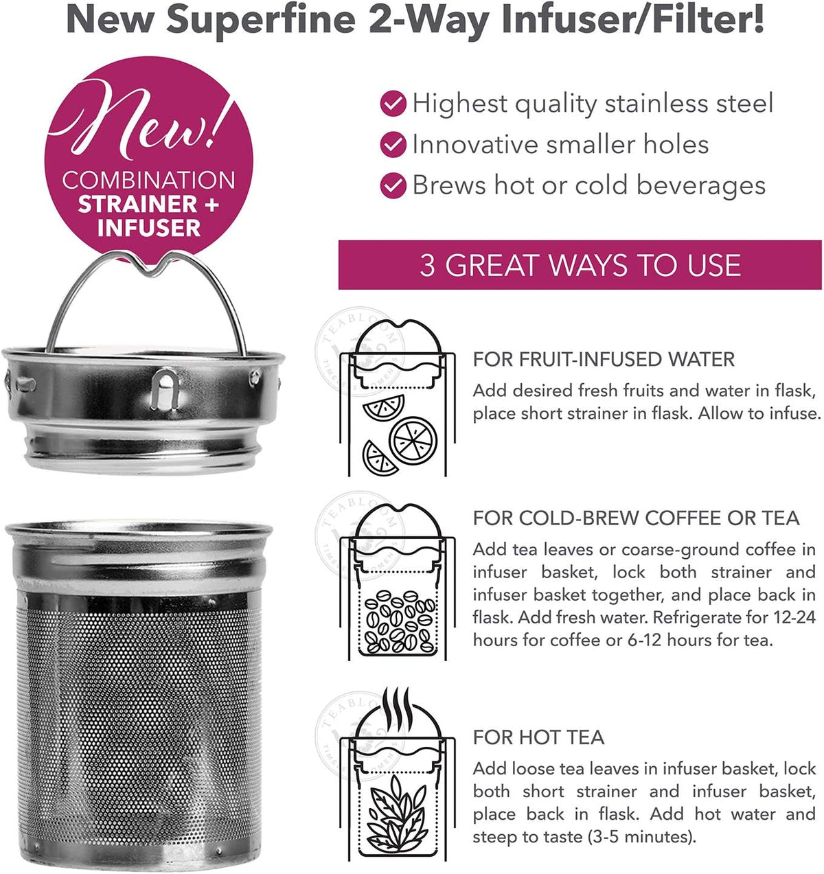All-Purpose Beverage Tumbler – 15 oz / 450 ml Insulated Glass Bottle – Tea, Coffee, Fruit Infused Water – All-Temperature Travel Mug – Stainless Steel Infuser Basket – The Wayfarer Tumbler