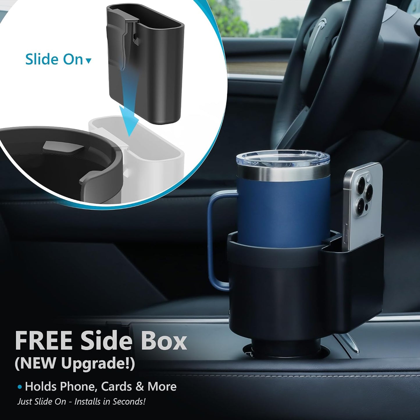 Cup Holder Expander with Phone Holder & Cable Access, 3-in-1 Car Organizer, Side Storage Box for Phone/Cards, Compatible with Yeti, Owala, Hydro Flasks & Large Bottles Mugs in 3.5"-4.0"