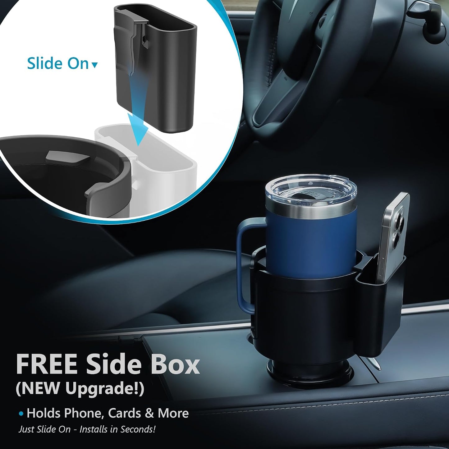 Cup Holder Expander with Phone Holder & Cable Access, 3-in-1 Car Organizer, Side Storage Box for Phone/Cards, Compatible with Yeti, Owala, Hydro Flasks & Large Bottles Mugs in 3.5"-4.0"