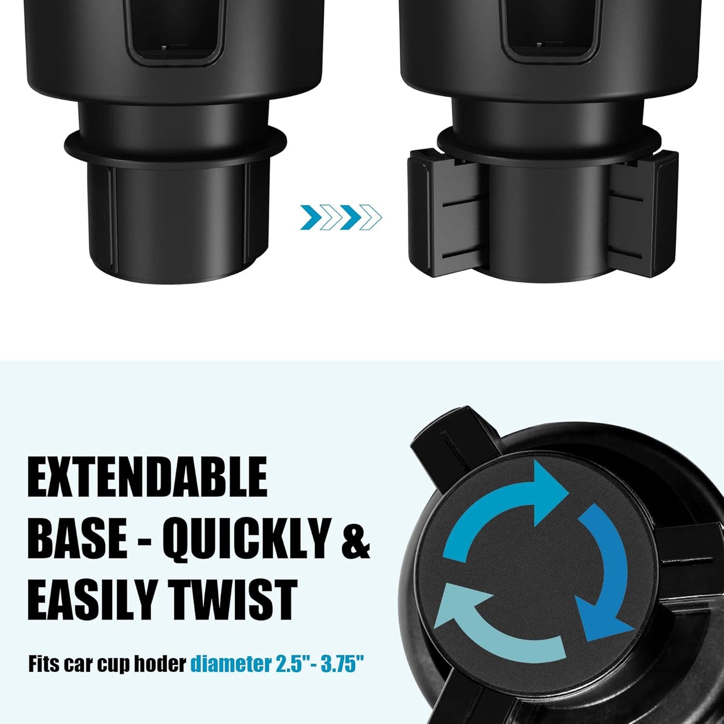 Cup Holder Expander with Phone Holder & Cable Access, 3-in-1 Car Organizer, Side Storage Box for Phone/Cards, Compatible with Yeti, Owala, Hydro Flasks & Large Bottles Mugs in 3.5"-4.0"