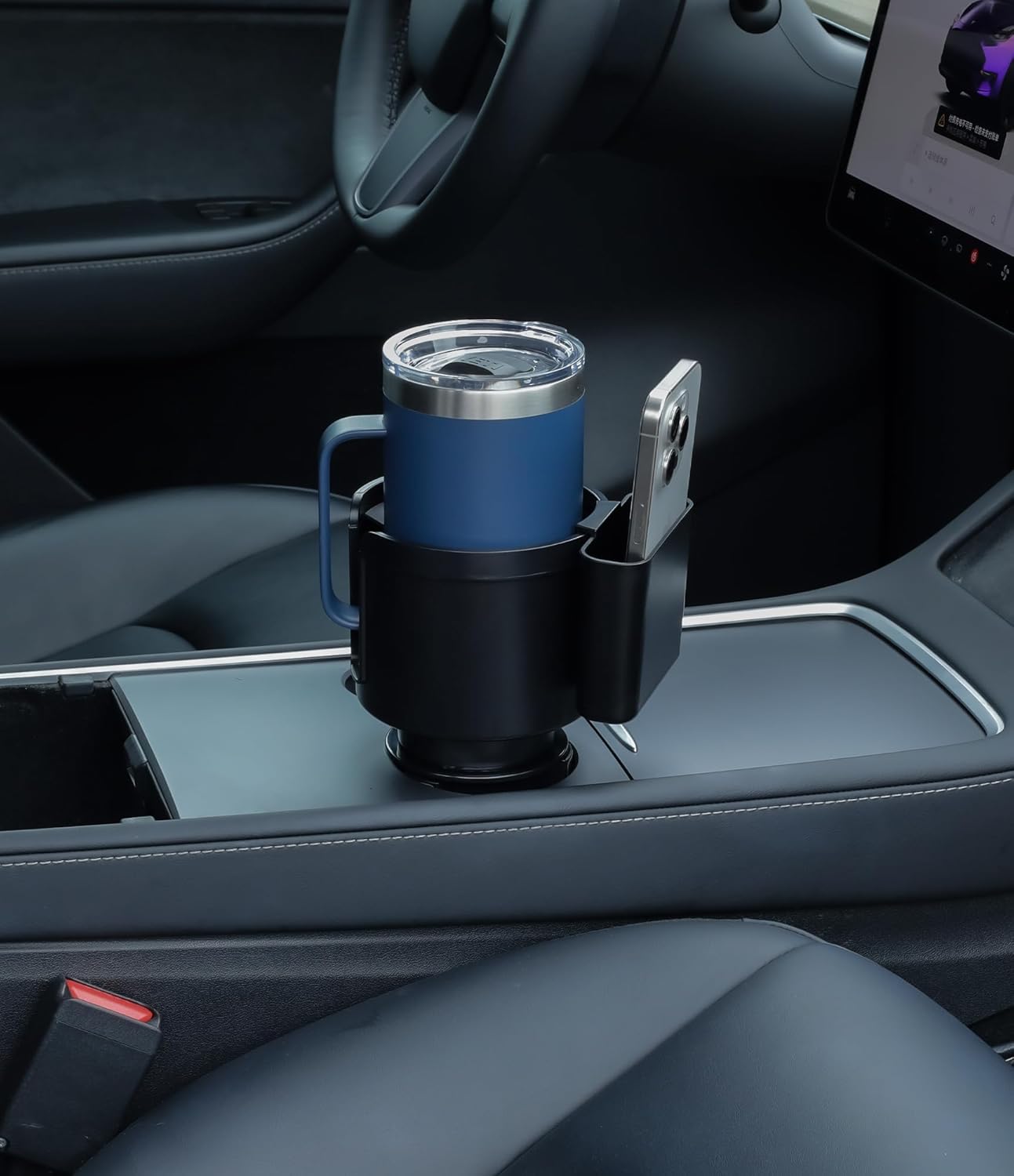 Cup Holder Expander with Phone Holder & Cable Access, 3-in-1 Car Organizer, Side Storage Box for Phone/Cards, Compatible with Yeti, Owala, Hydro Flasks & Large Bottles Mugs in 3.5"-4.0"