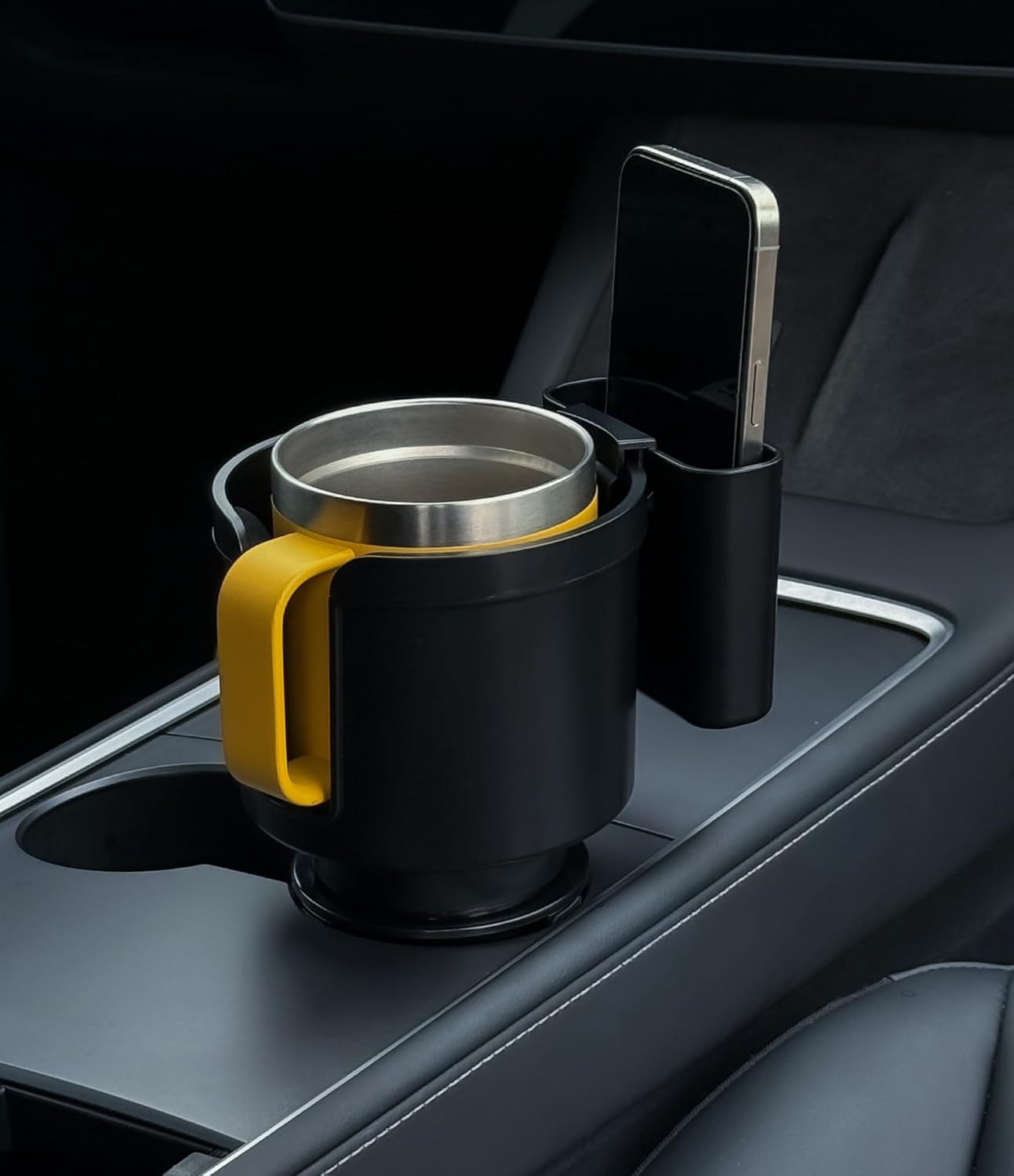 Cup Holder Expander with Phone Holder & Cable Access, 3-in-1 Car Organizer, Side Storage Box for Phone/Cards, Compatible with Yeti, Owala, Hydro Flasks & Large Bottles Mugs in 3.5"-4.0"