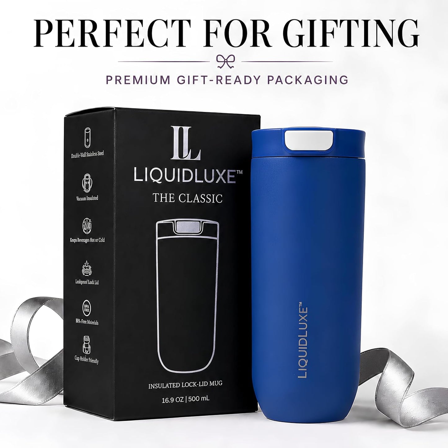 THE CLASSIC Vacuum Insulated Stainless Steel Travel Mug, Leakproof Locking Lid, Double-Wall Insulation, BPA-Free Coffee Mug for Hot & Cold Drinks, 500 mL (Matte Black)